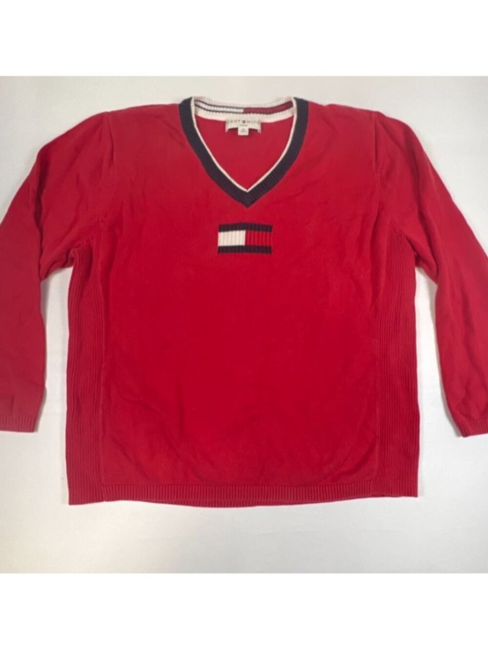 Tommy Hilfiger Women 2X V-Neck Sweater Red Cotton Blend Flag Logo Long Sleeve
